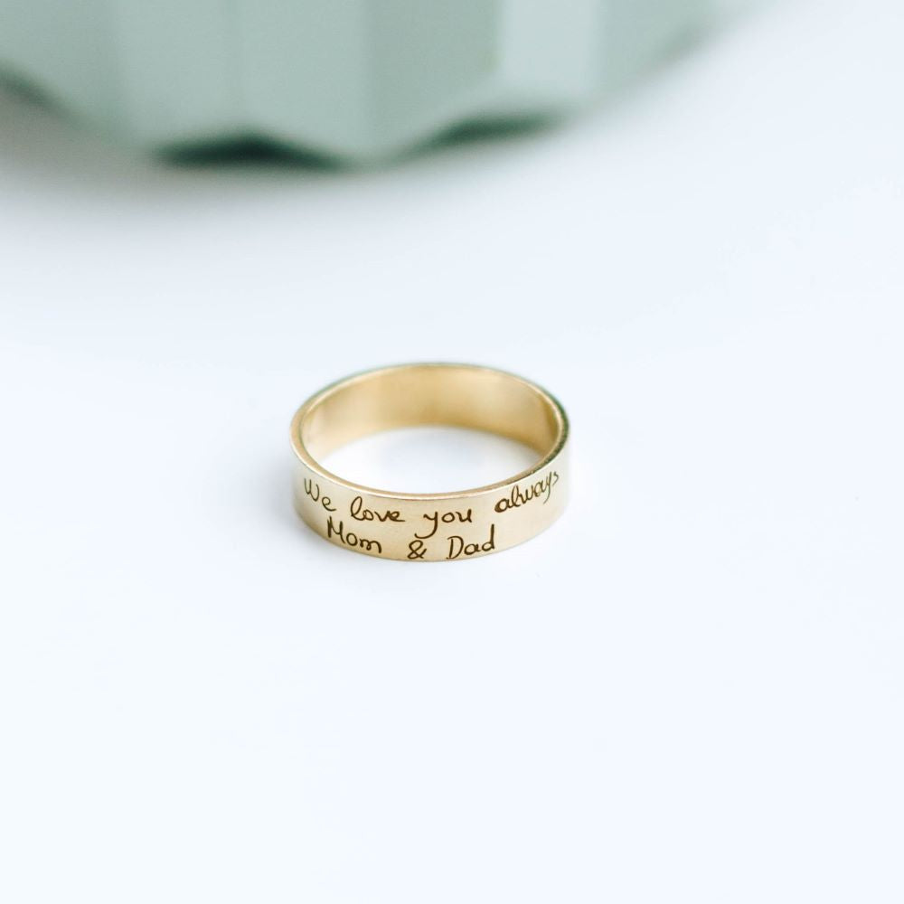 Kid's Actual Handwriting Ring in gold finish with engraved message "We love you always, Mom & Dad."