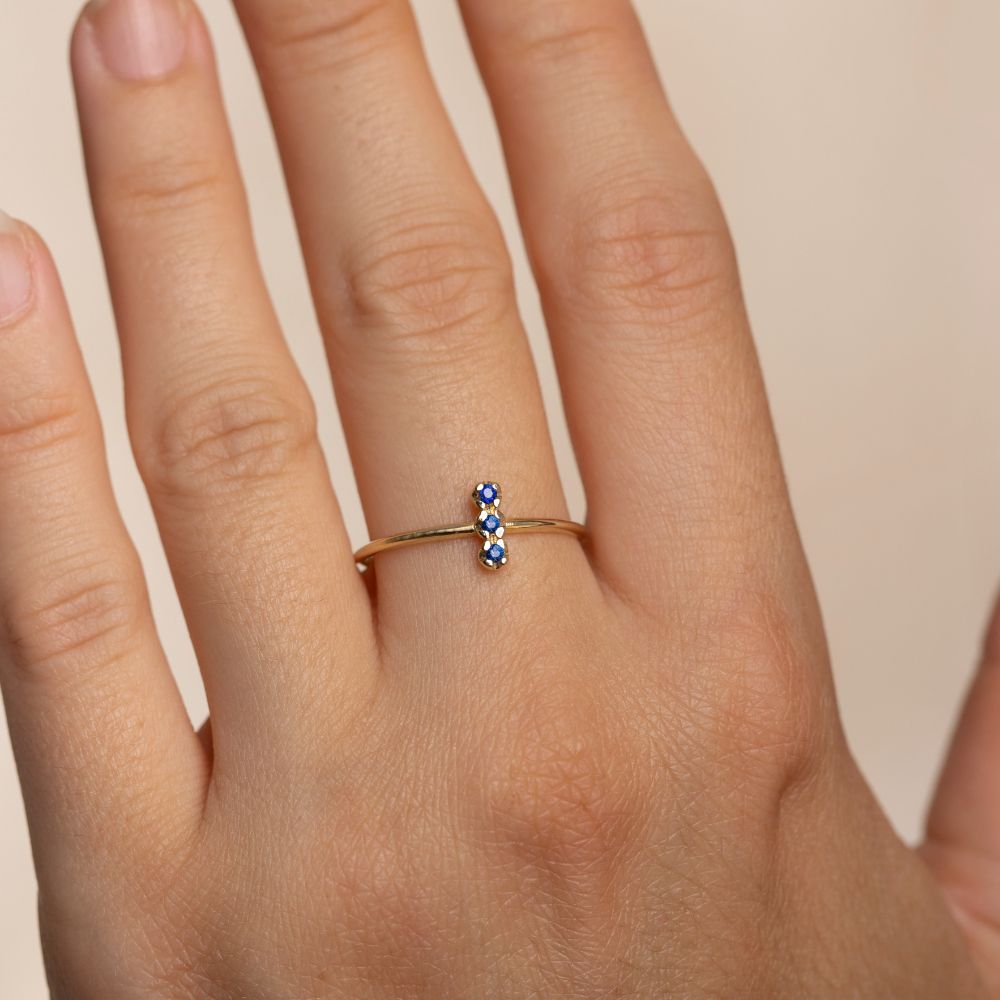 14K Gold Bar Ring 3 Blue Sapphires