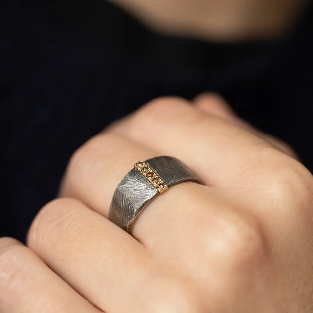 Band Ring 14K Gold Oxidized Silver 925