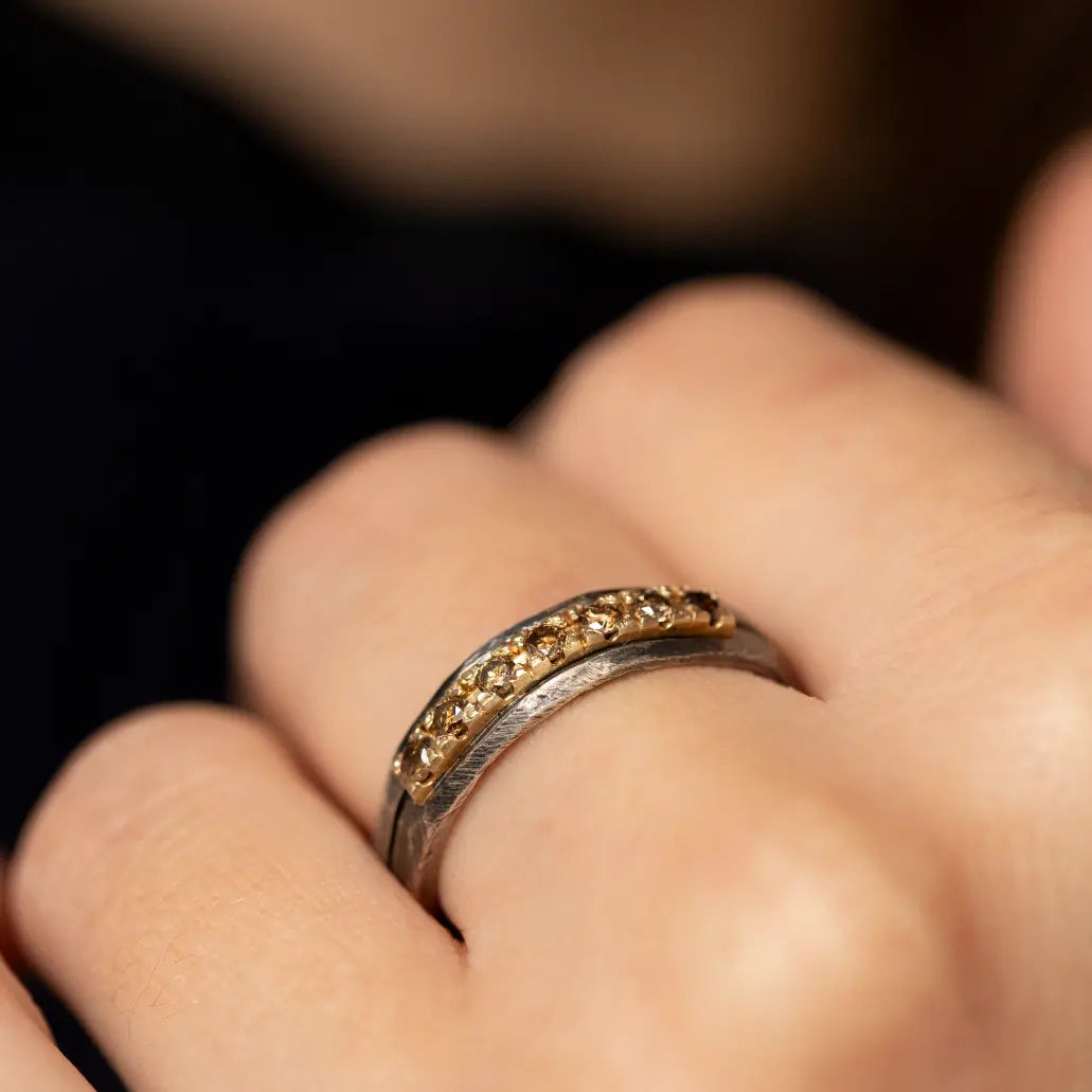 14K Gold and Silver Ring With Brown Diamonds