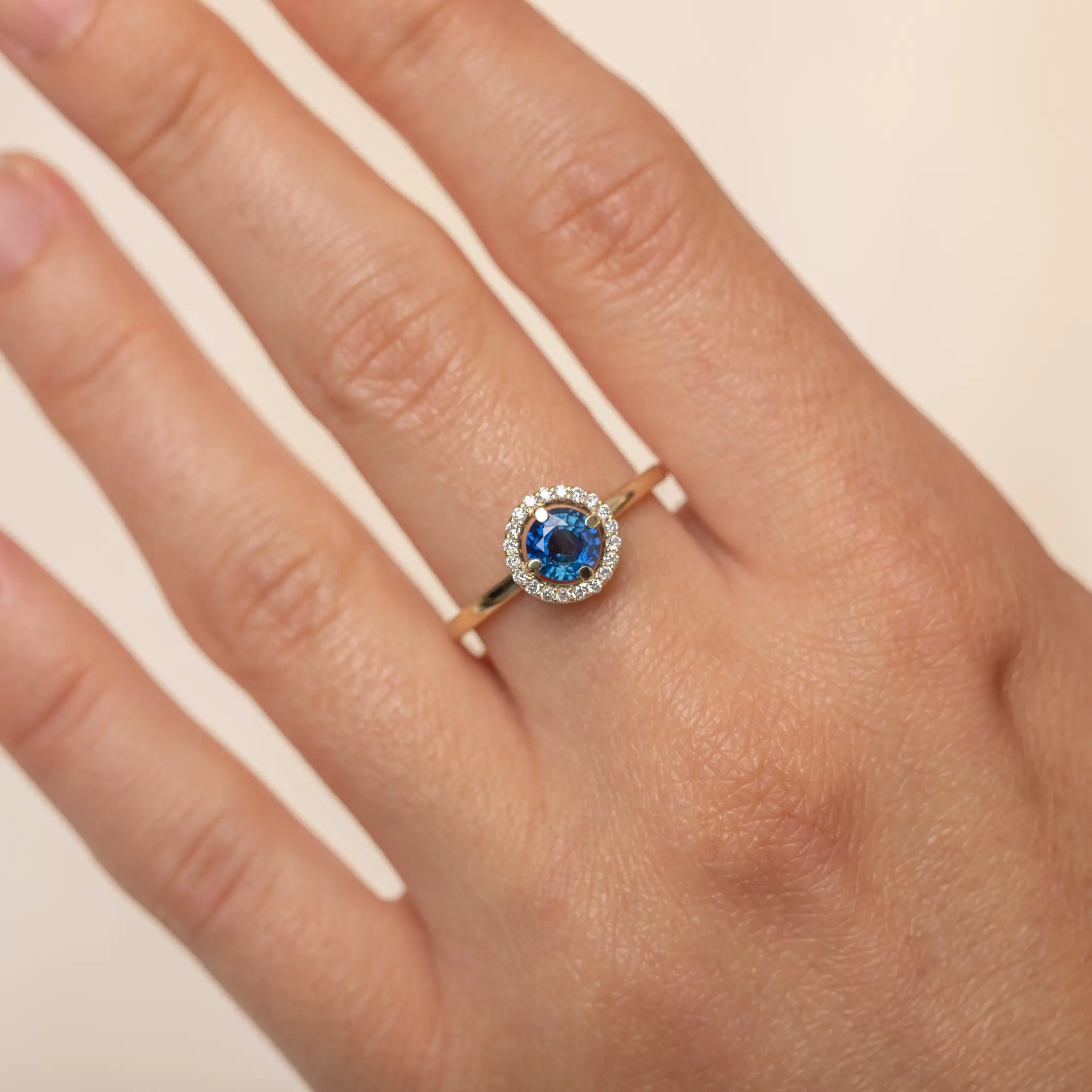 14K Halo Engagement Ring Blue Sapphire Diamond
