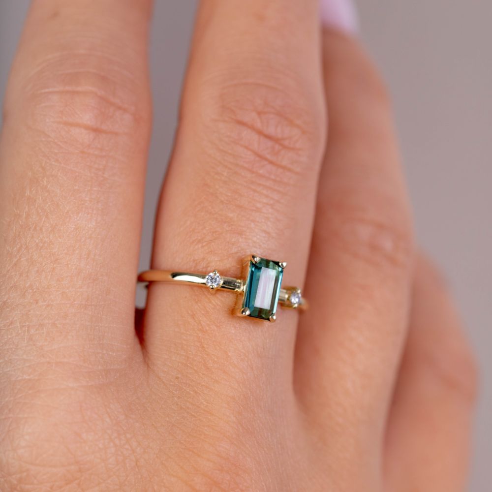Teal Tourmaline Diamond Ring 14K Gold