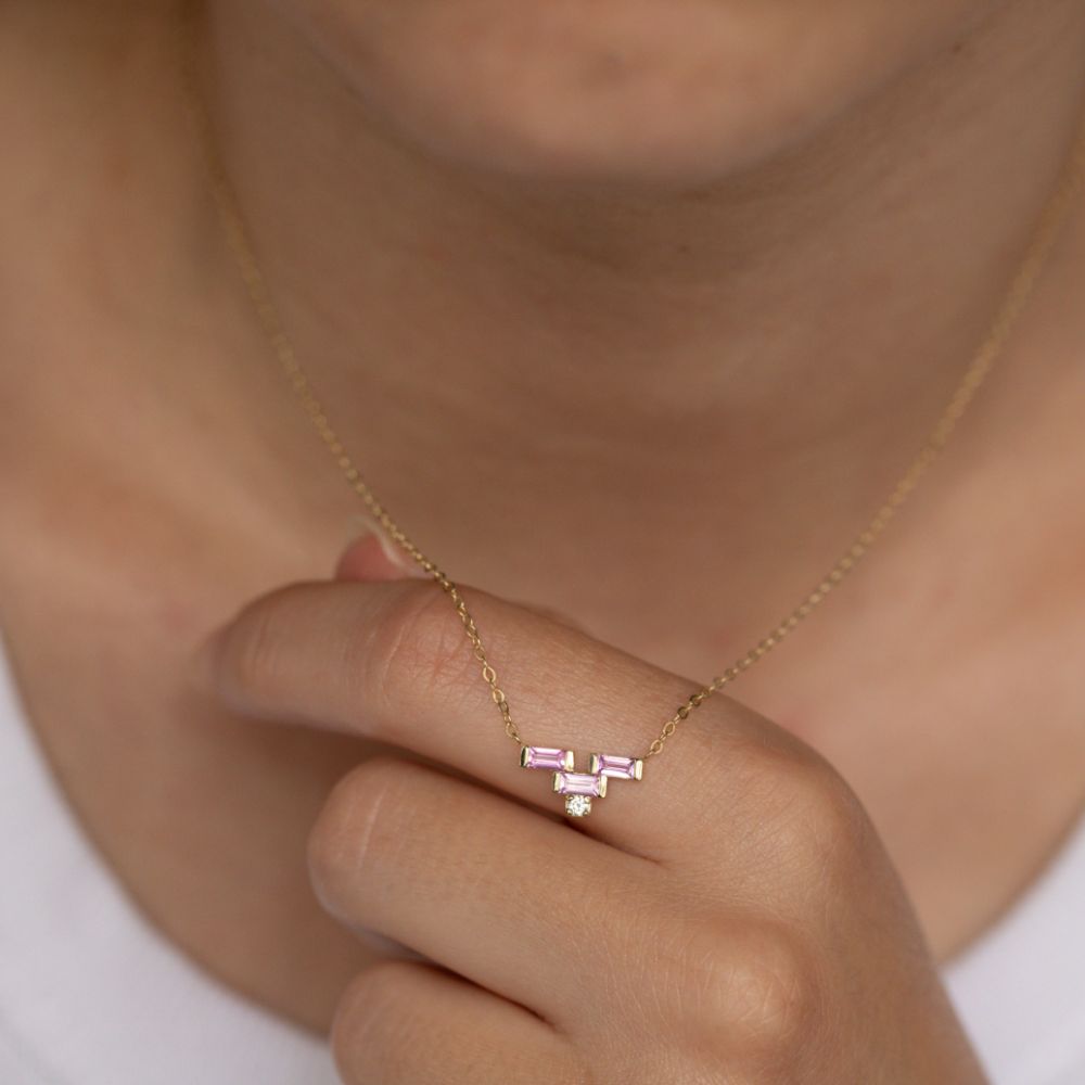 Pink Sapphire Baguette Diamond Necklace 14K Gold