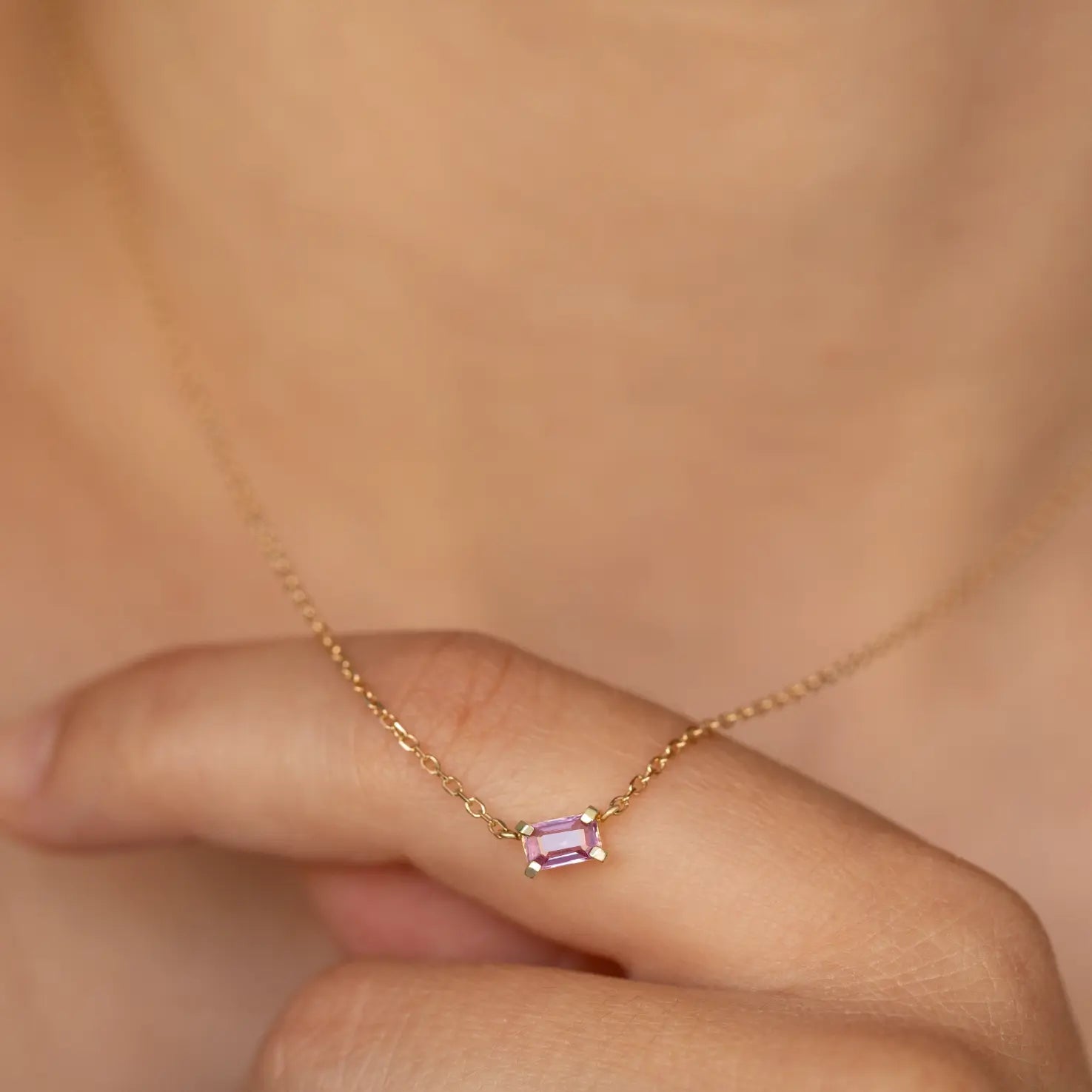 Solitaire Pink Sapphire Octagon Necklace 14K Gold