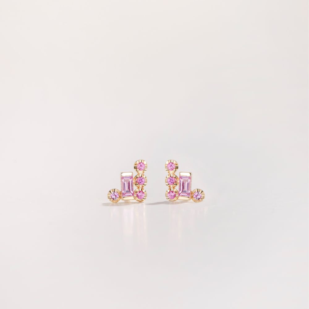 Baguette Pink Sapphire Stud Earrings 14K Gold