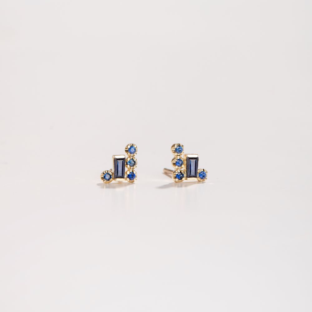 Baguette Blue Sapphire Stud Earrings 14K Gold by Kyklos