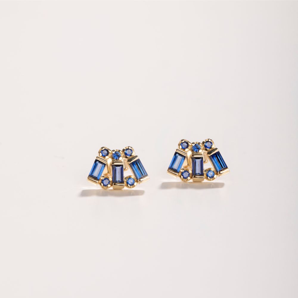 Blue Sapphire Baguette Stud Earrings 14K Gold for Women