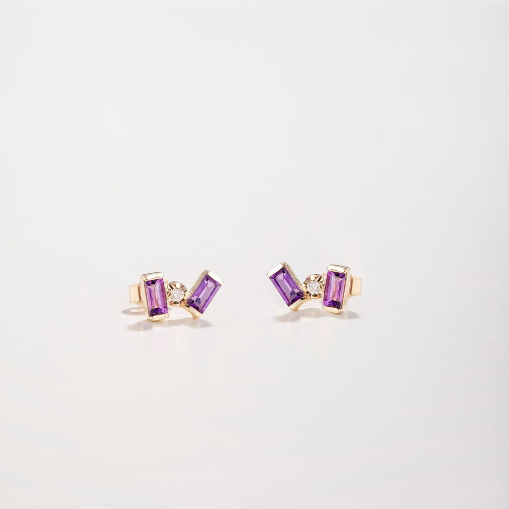 Purple Amethyst Baguette Diamond Stud Earrings 14K
