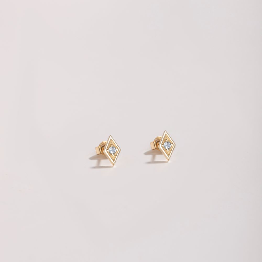 Elegant Square Aquamarine Earrings 14K Gold with natural gemstones, front view on a light background.