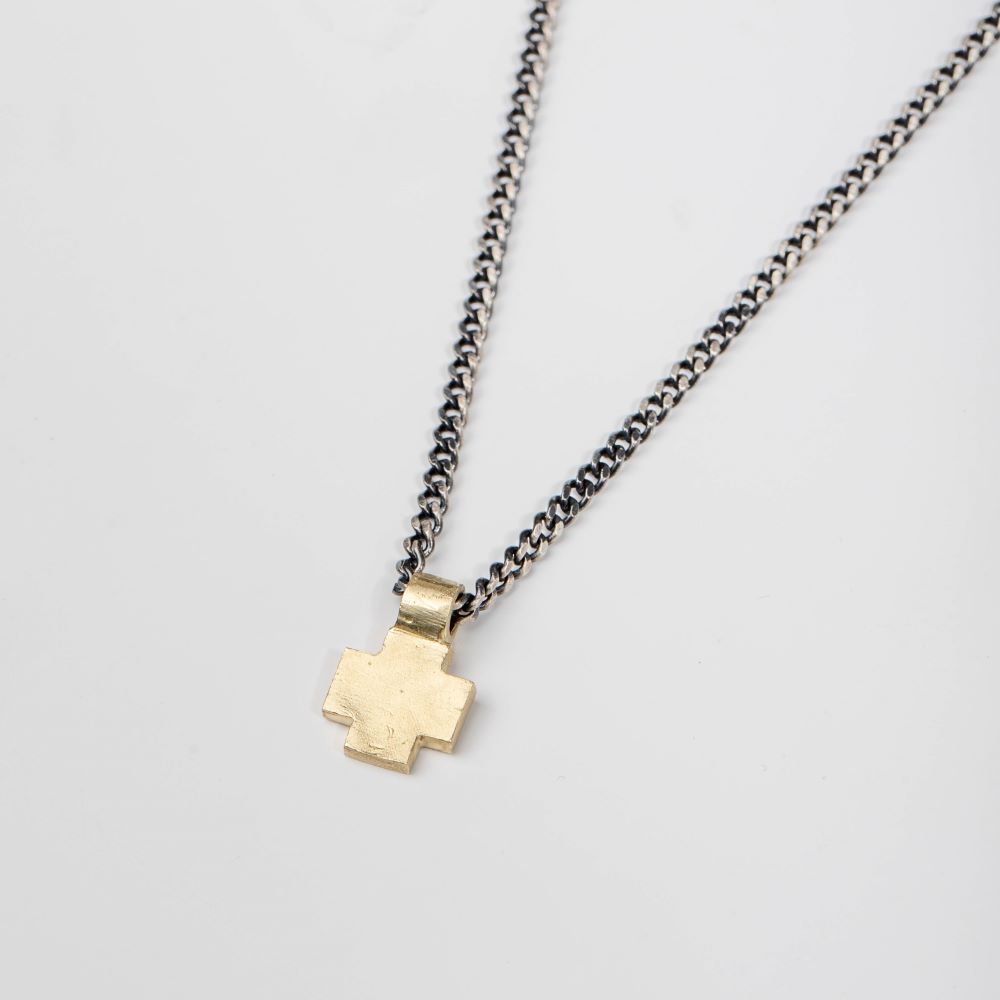 14K gold cross pendant on oxidized silver chain for men and boys, featuring a solid gold cross on a handcrafted silver curb chain.