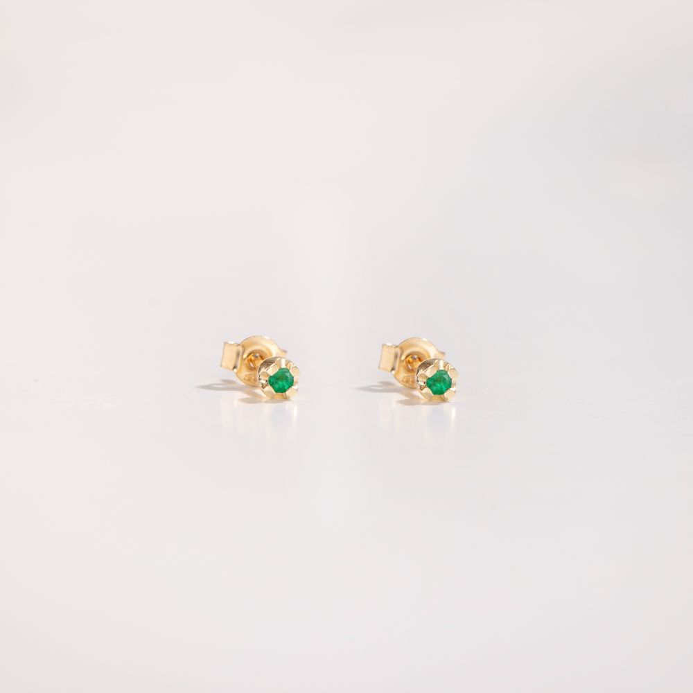 Emerald Stud Earrings 14K Gold with natural emeralds and round cut design on a white background.