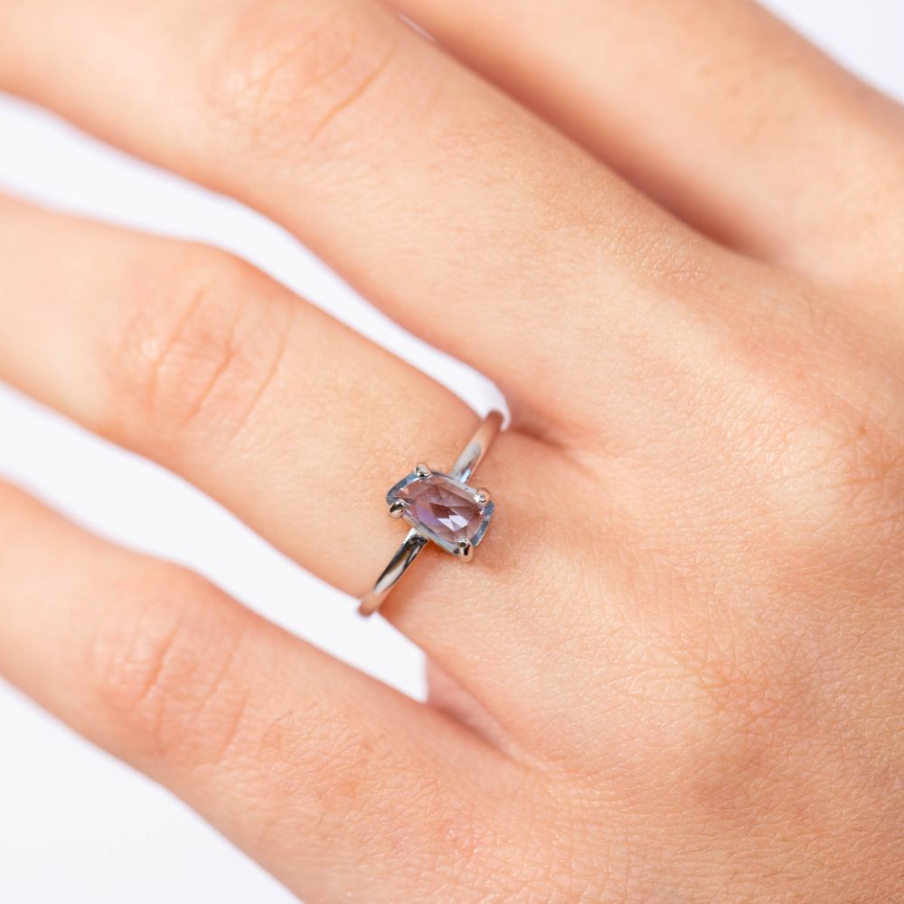 Blue Sapphire Ring 14K White Gold Rose Cut