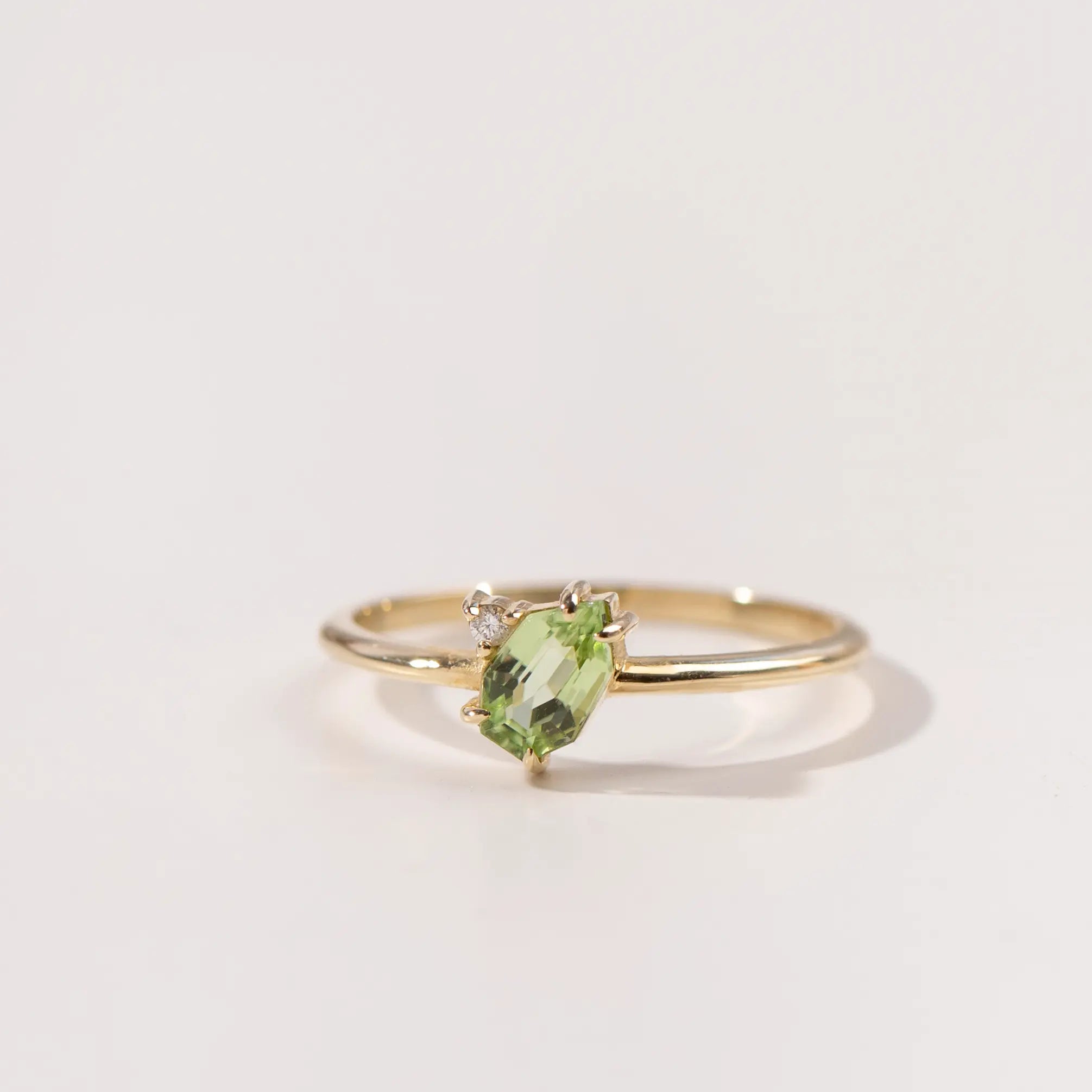 14K Green Tourmaline Diamond Engagement Ring in gold setting, featuring natural green tourmaline and diamond gems, ideal for proposals.