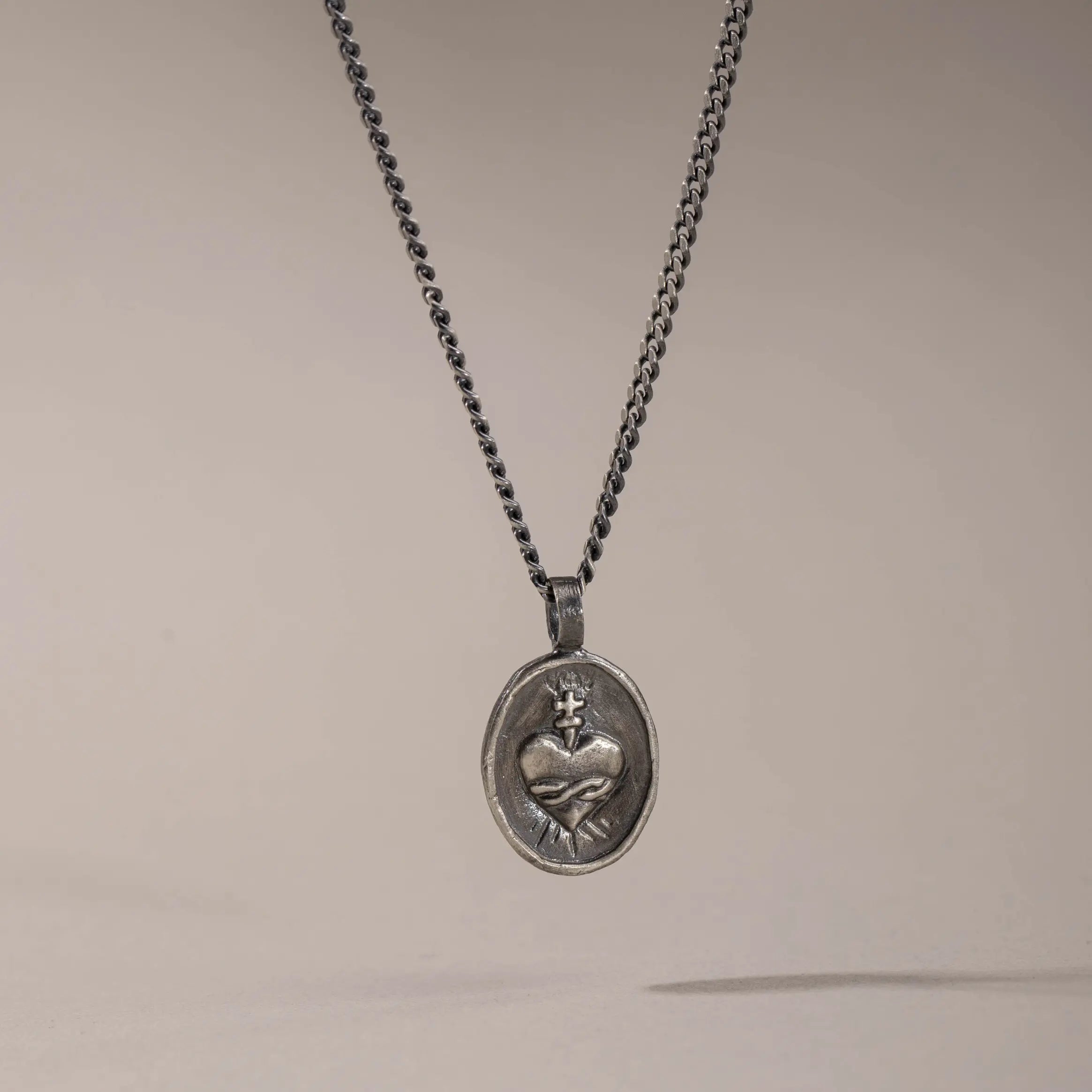 Sacred Heart Necklace Oxidized Silver on a curb chain, hand-carved pendant in sterling silver 925, unisex jewelry, black oxidized finish.