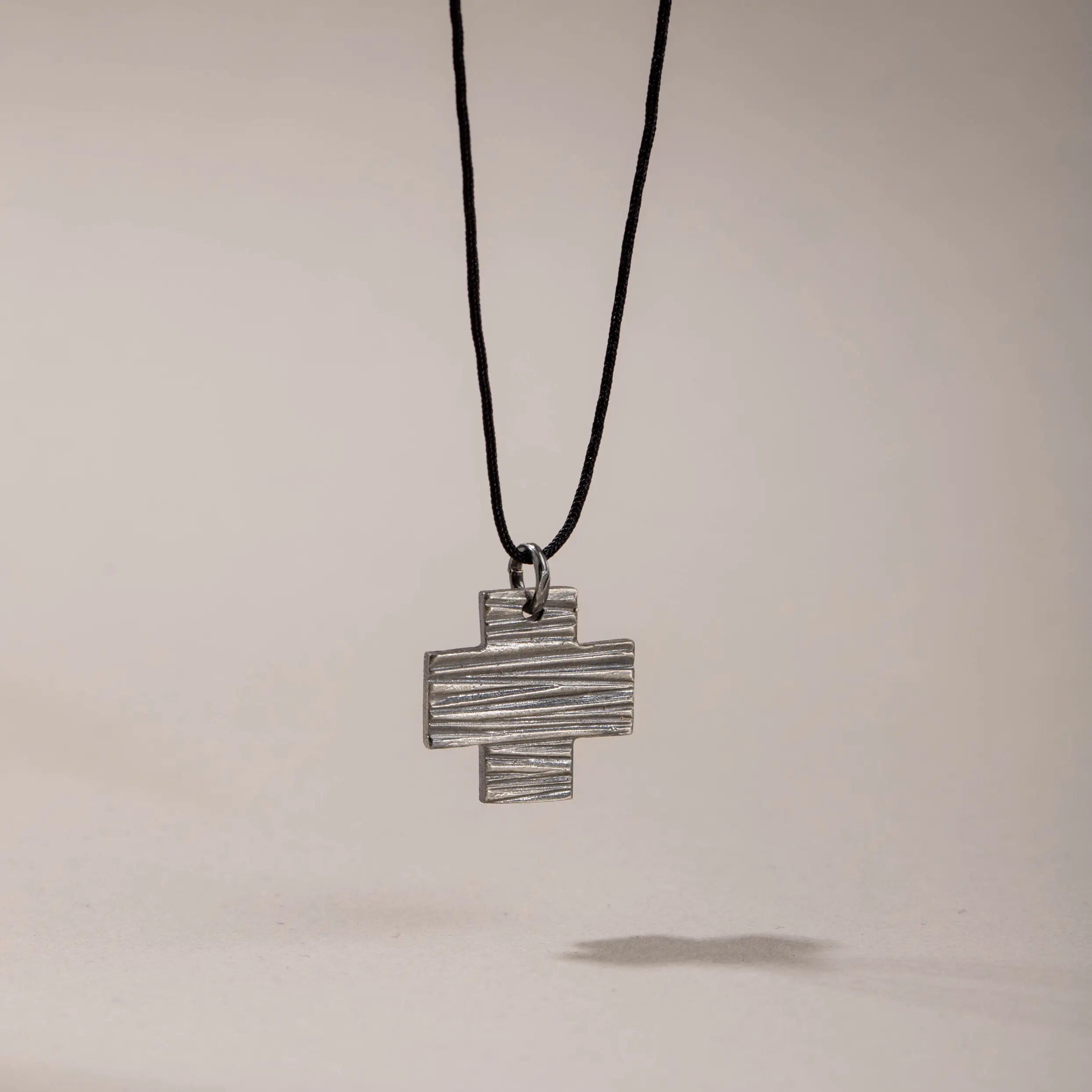 Square Cross Necklace Oxidized Silver 925, handcrafted sterling silver cross pendant on black cord for men, elegant gift for him