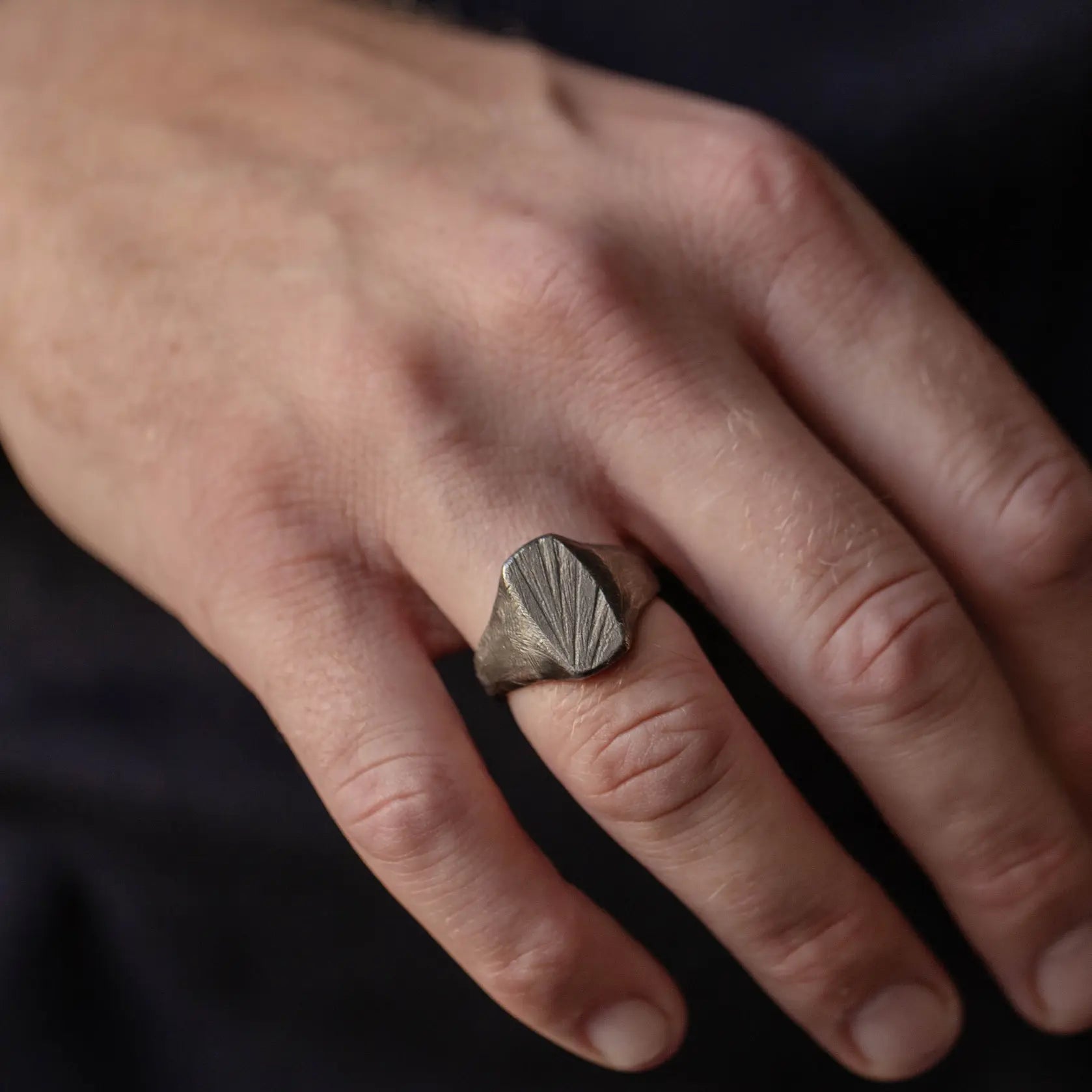 Statement Ring Oxidized Silver 925, handmade black oxidized sterling silver ring for men, brutalist style, wide flat design on hand.