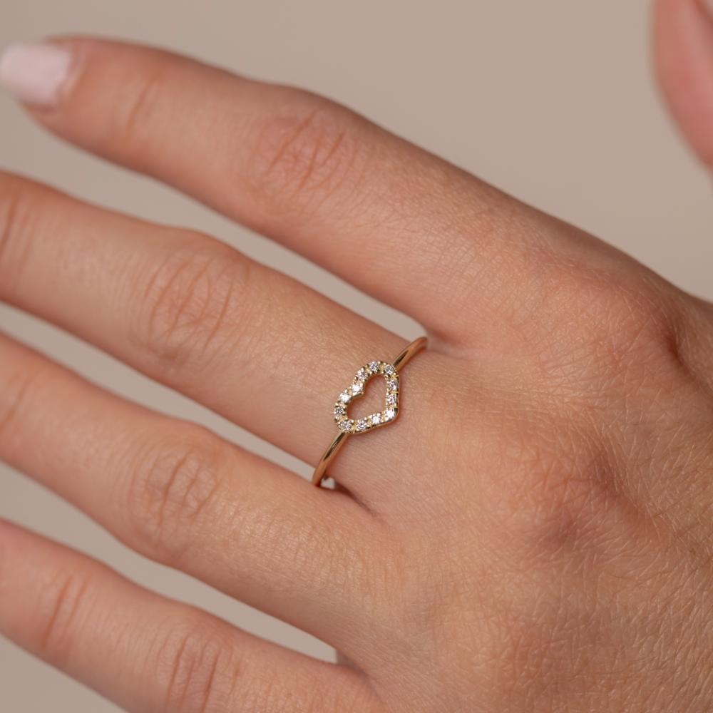Heart Diamond Ring on hand, 14K Gold with natural diamonds, perfect for women, stacking, minimalist style, handcrafted, elegant gift.
