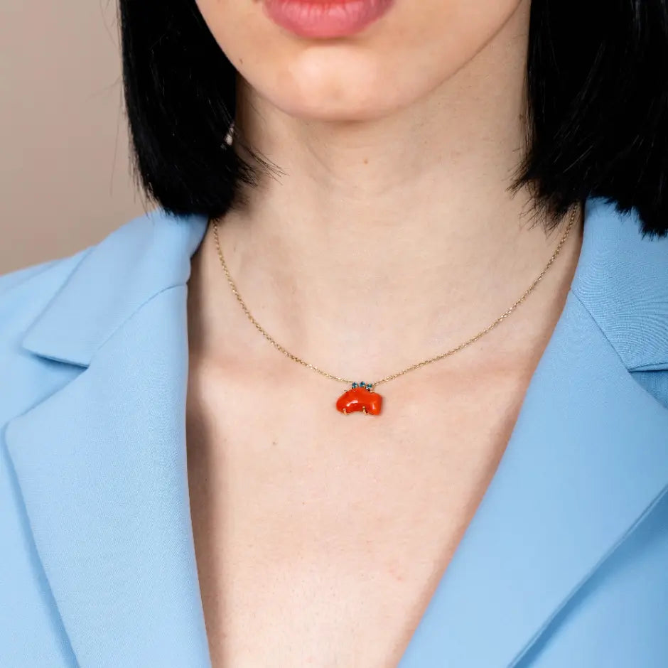 Natural Coral Necklace 14K Gold with Blue Topaz