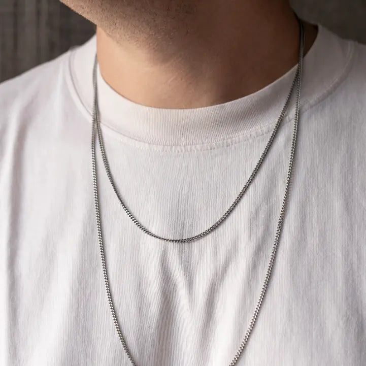 Curb Chain Necklace Oxidized Silver 2.5mm shown on person wearing white shirt.