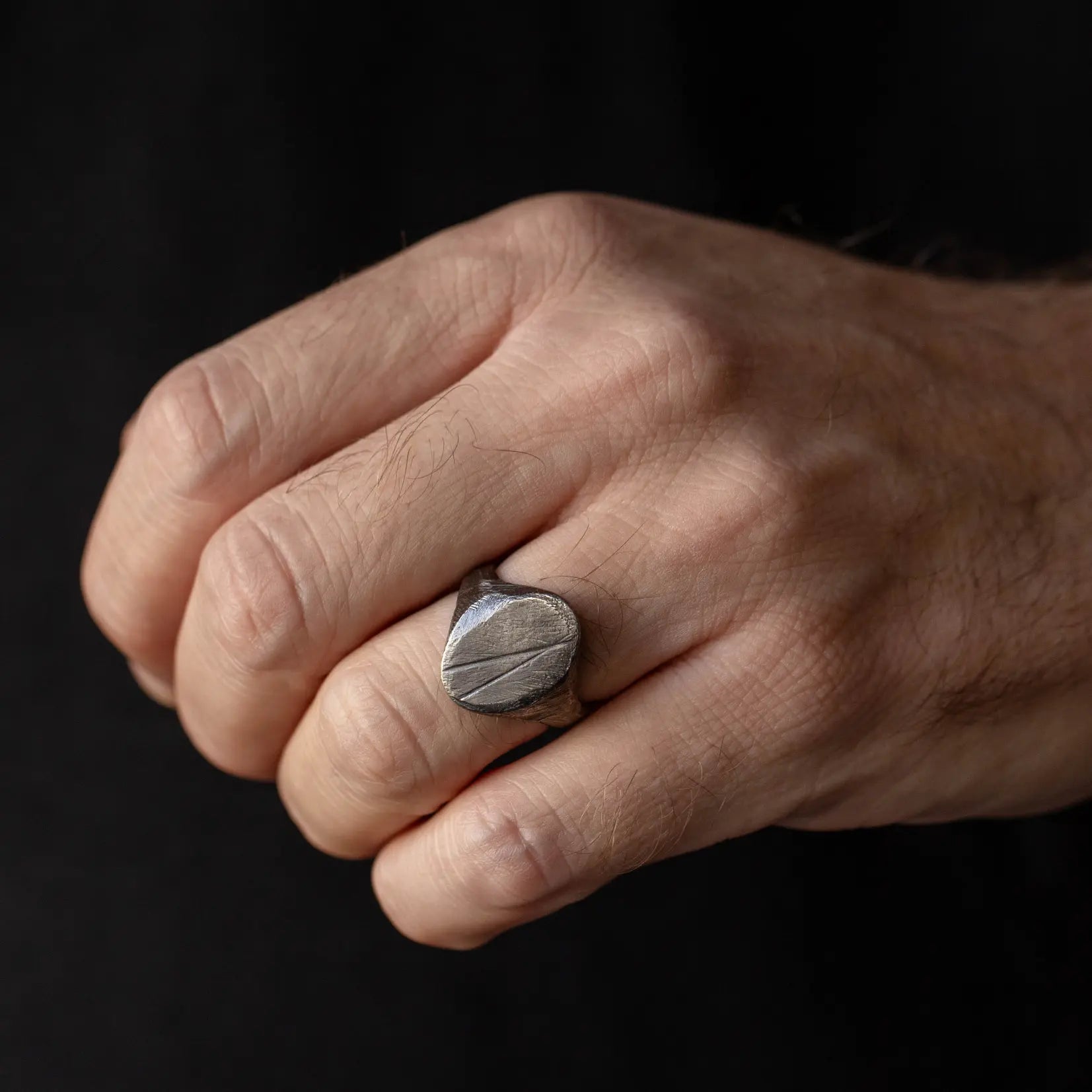 Oval Statement Ring Oxidized Silver 925 on hand, black oxidized sterling silver, brutalist style, handcrafted flat top wide ring, gift for him.