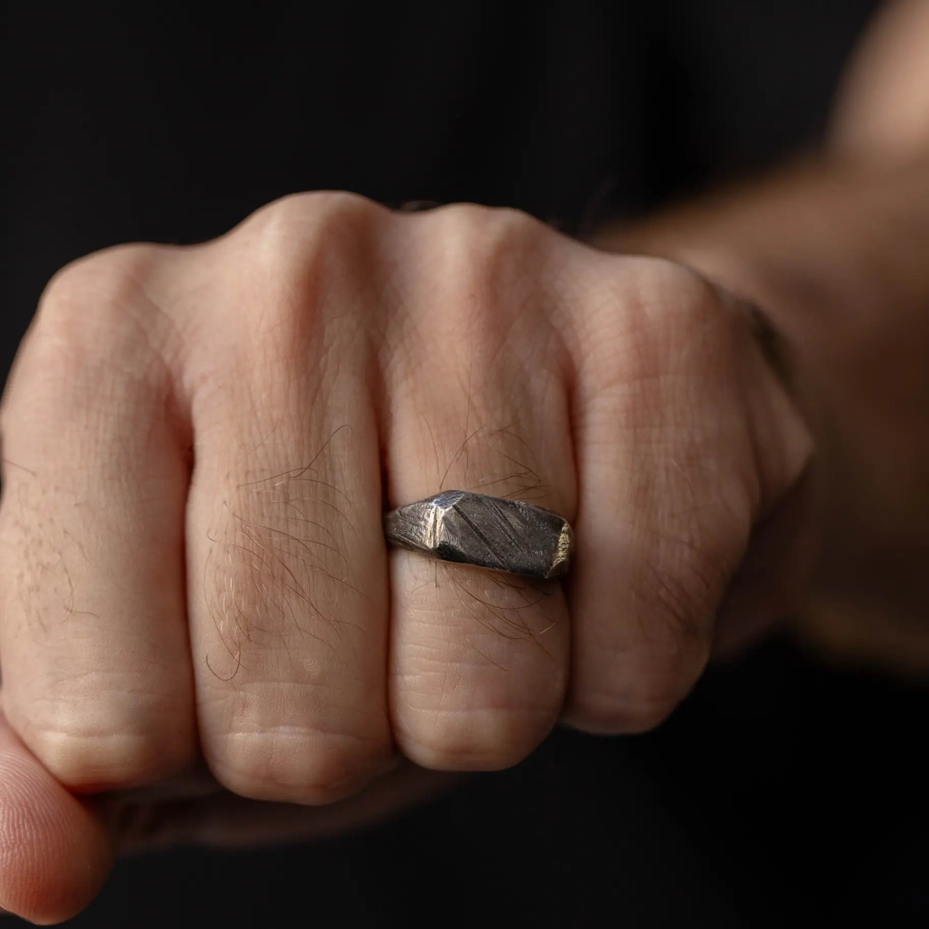Rectangle Ring Oxidized Silver black sterling silver brutalist ring on hand, handcrafted statement jewelry for men, 8mm wide