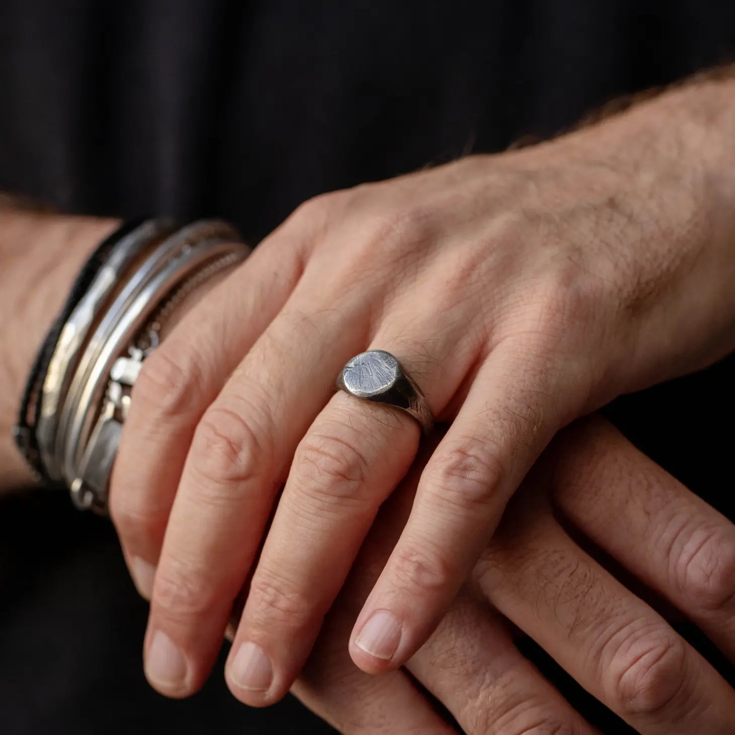 Round Ring Oxidized Silver 925 on man's hand, brutalist black oxidized sterling silver, 12mm wide, statement flat top design, gift package included.