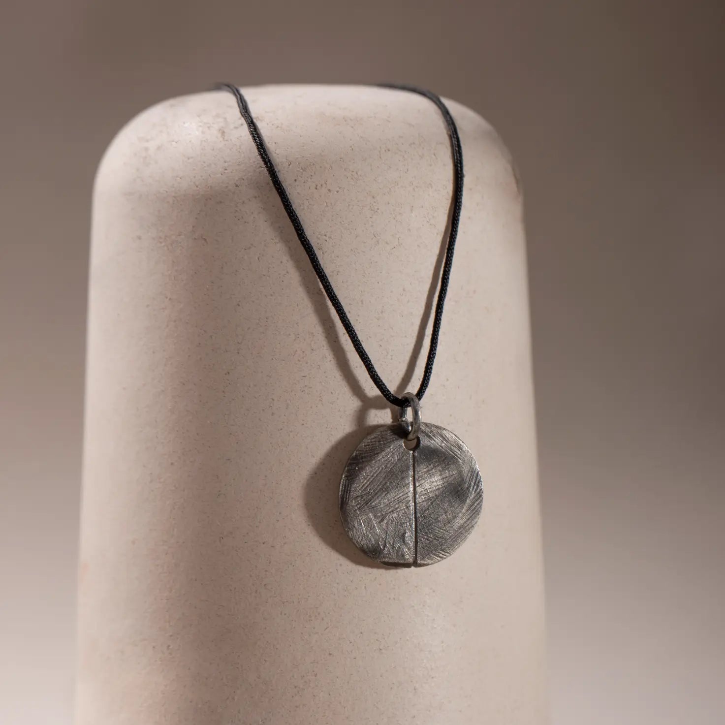 Disc Necklace Oxidized Silver 925 on black cord, handmade sterling silver pendant, perfect men's gift, 20mm disc, 100% nickel free.