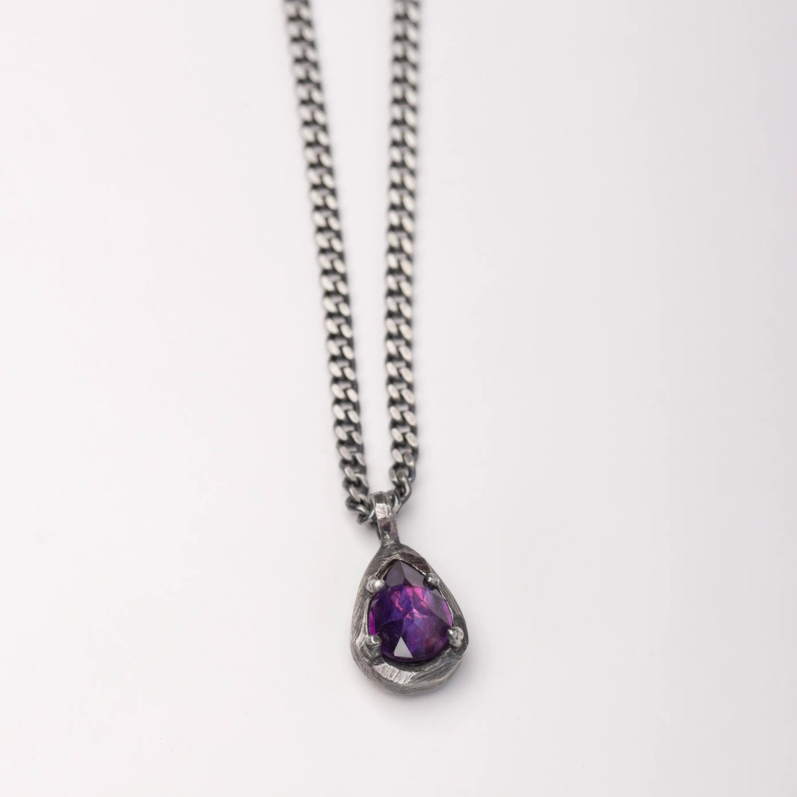 Amethyst Necklace Oxidized Silver 925 Teardrop with natural gemstone on sterling silver chain.