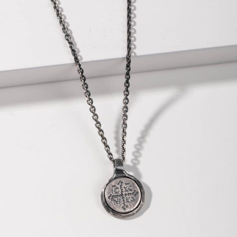Constantine Coin Necklace in oxidized sterling silver, showing Byzantine style and texture, perfect for history enthusiasts.