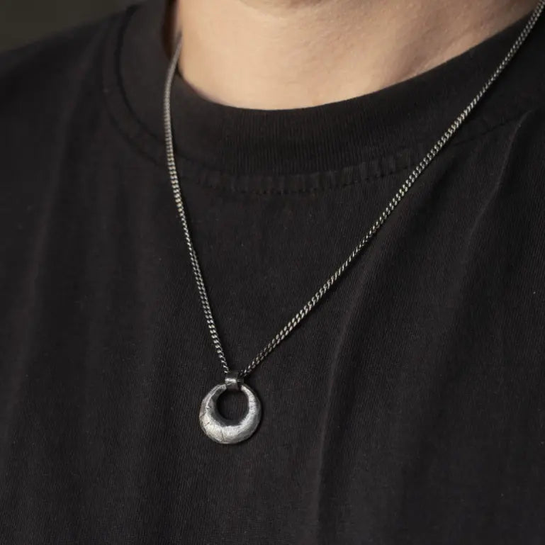 Circle Necklace Oxidized Silver on black shirt, sterling silver circle pendant on curb chain, 20mm size, men's jewelry.