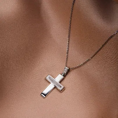 14K White Gold Baptism Cross and Chain