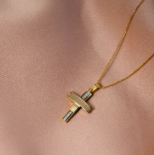 Two-toned Christening Cross with Chain 14K Gold