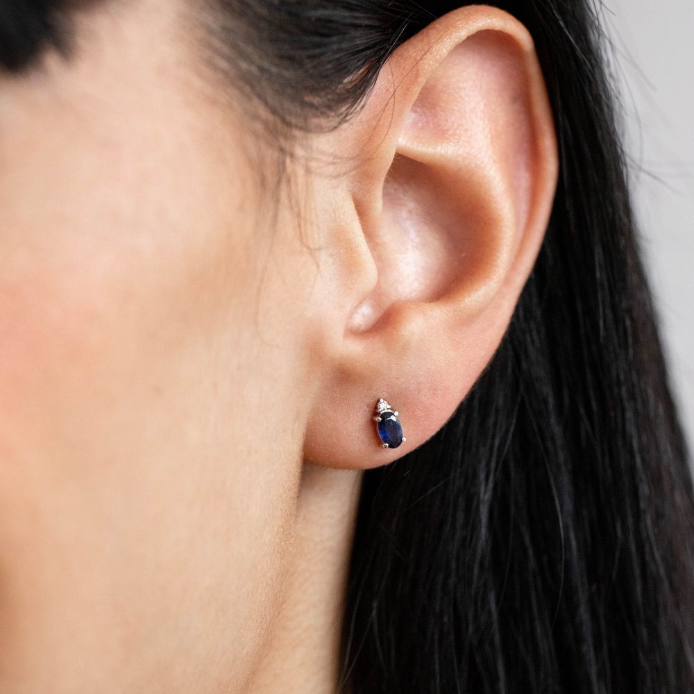 Blue Sapphire Diamond Oval Earrings 14K Yellow Gold