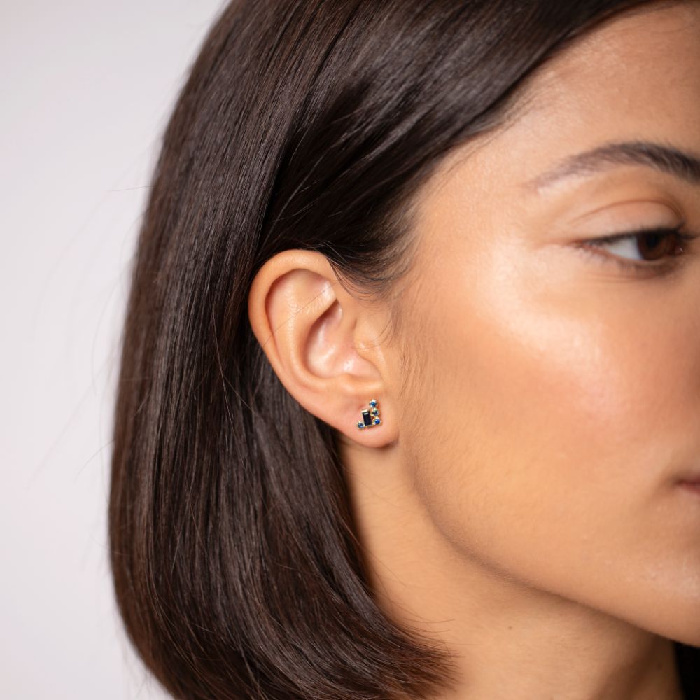 Baguette Blue Sapphire Stud Earrings 14K Gold