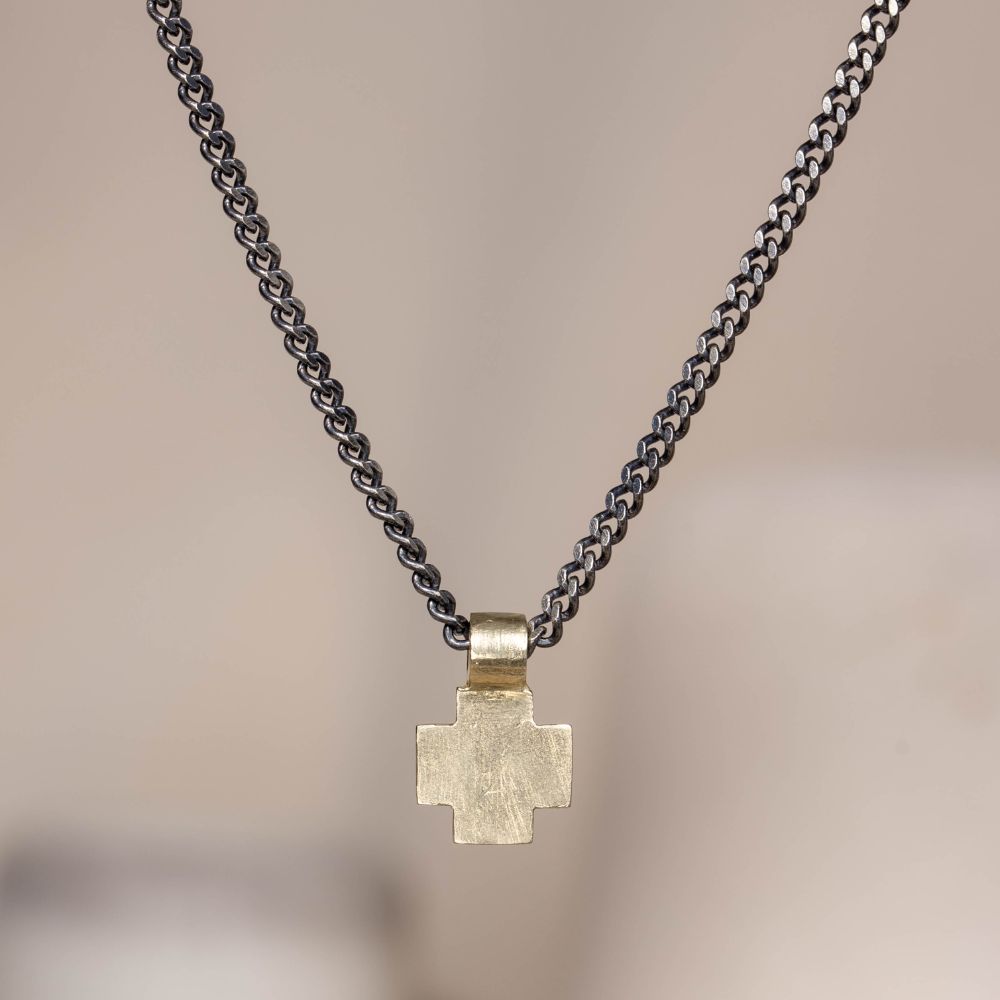 14K gold cross pendant on oxidized silver chain with sterling silver curb design, unisex handmade jewelry gift for men and boys