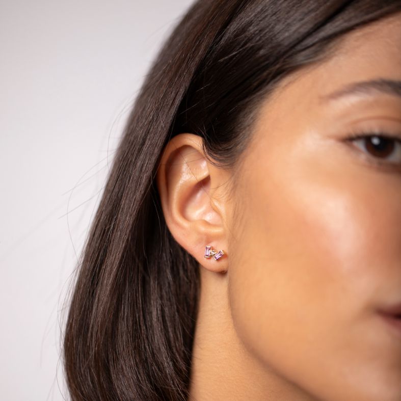 Baguette Pink Sapphire Diamond Stud Earrings 14K