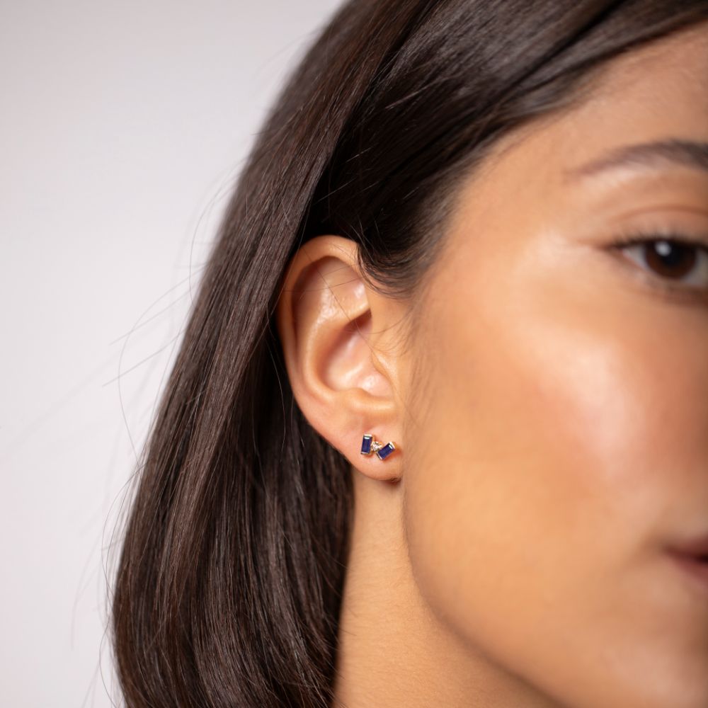 Baguette Blue Sapphire Diamond Stud Earrings 14K