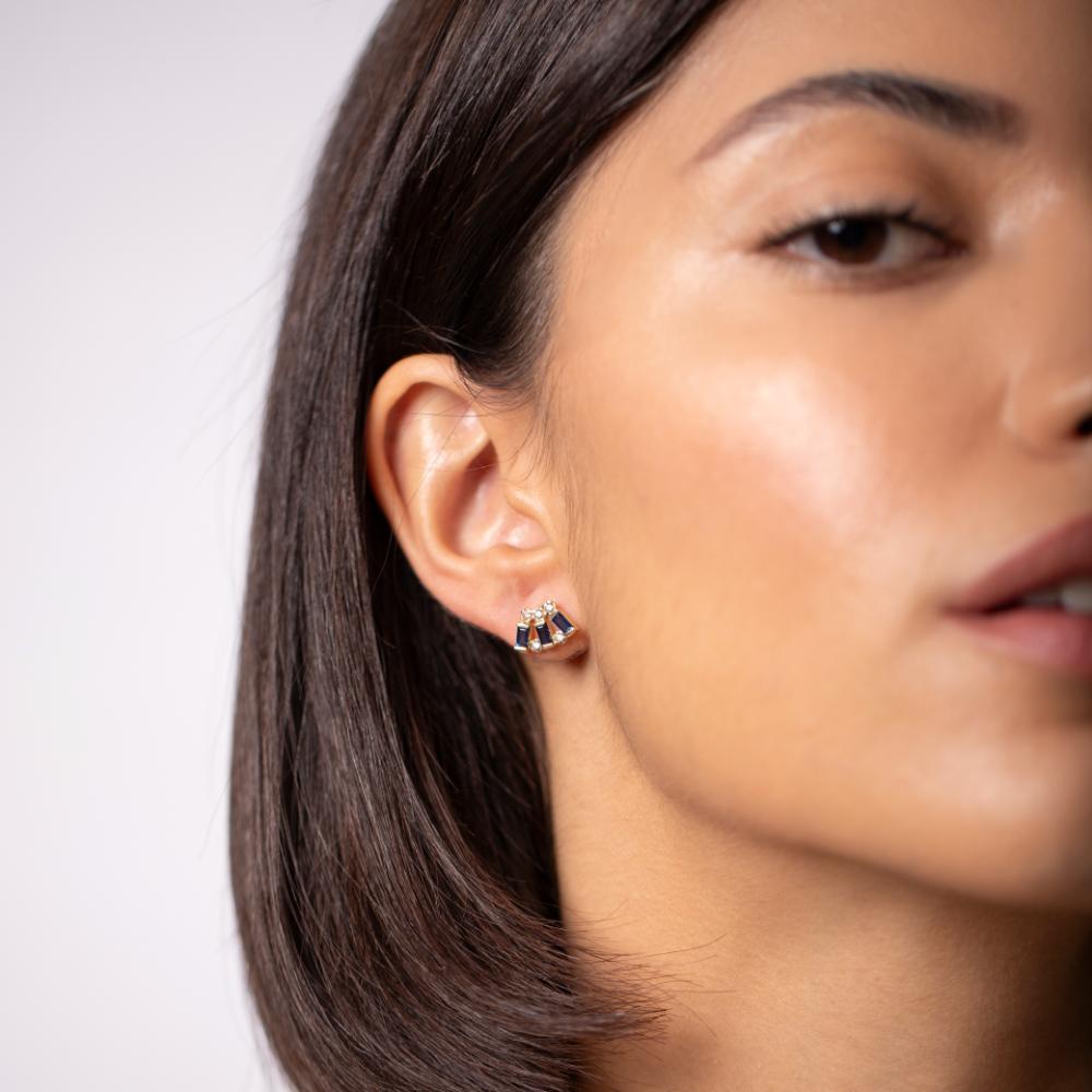 Blue Sapphire Baguette Diamond Stud Earrings 14K