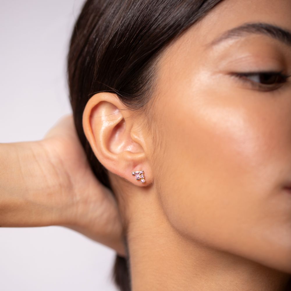 Baguette Pink Sapphire Stud Earrings 14K Gold