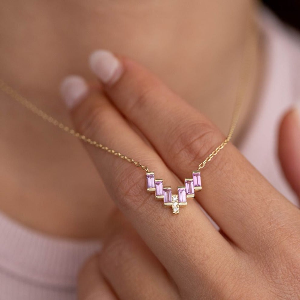 V Pink Sapphire Baguette Necklace 14K Gold