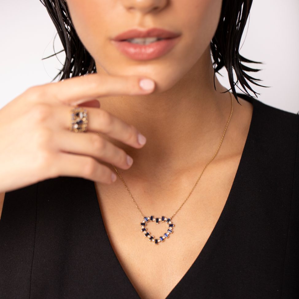 Blue Sapphire Diamond Heart Necklace 14K Gold
