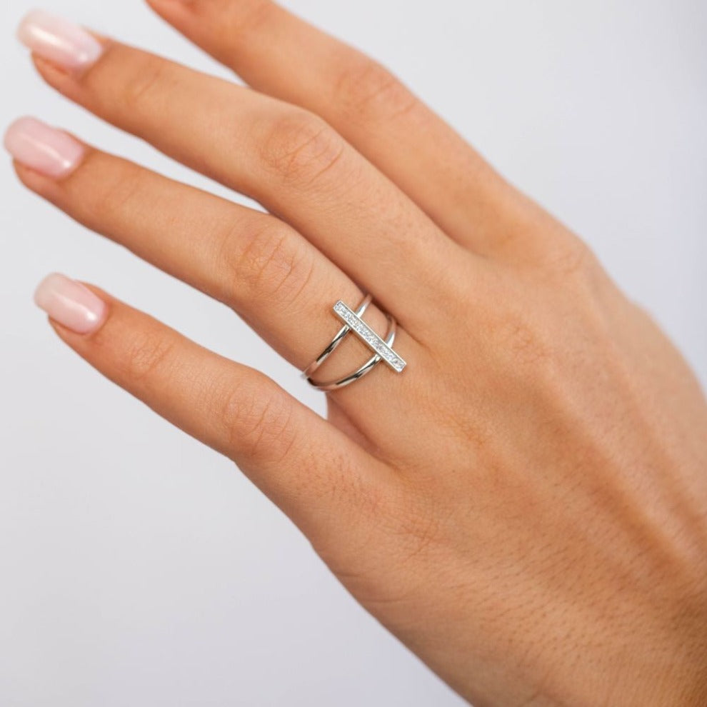 Double Band Pave Ring 14K Gold with 10 brilliant cut diamonds, elegant jewelry displayed on hand, handmade, luxury accessory