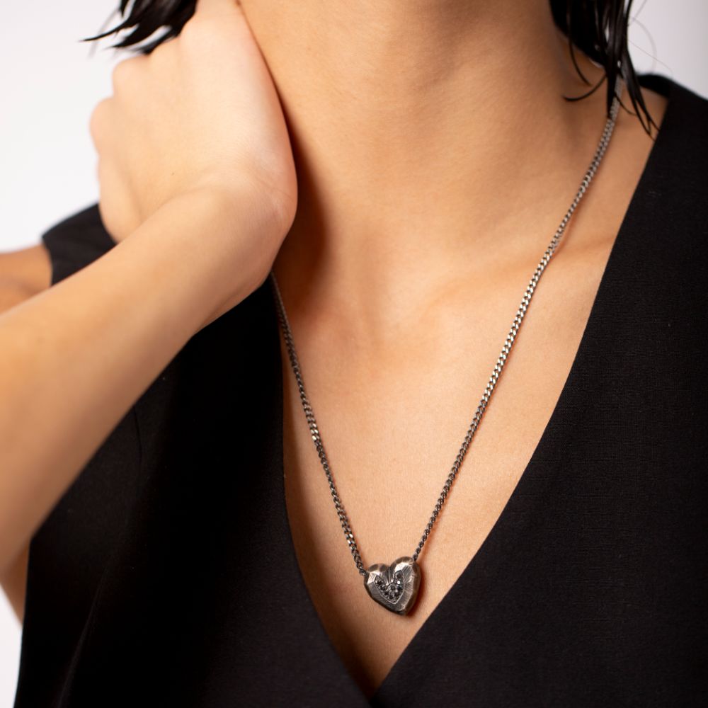 Heart Necklace Oxidized Silver Black Diamonds