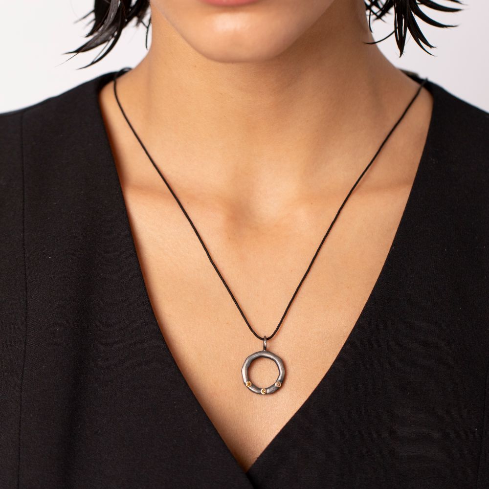 Brown Diamond Circle Necklace Silver and 14K Gold