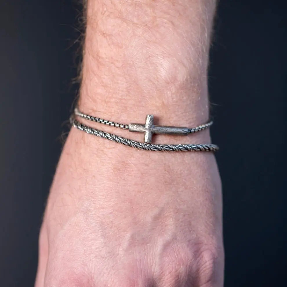 Men Cross Bracelet Oxidized Silver on wrist with sterling silver cross and round box chain.