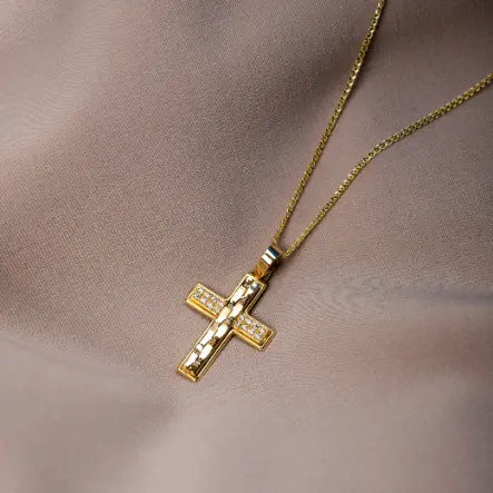 14K Gold Textured Baptism Cross with Chain