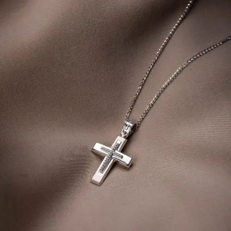 14K White Gold Christening Cross with Chain