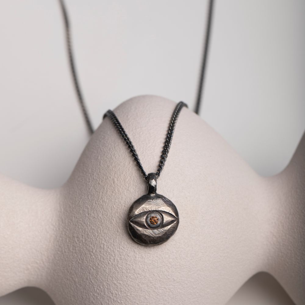 Evil Eye Necklace Oxidized Silver Brown Diamond