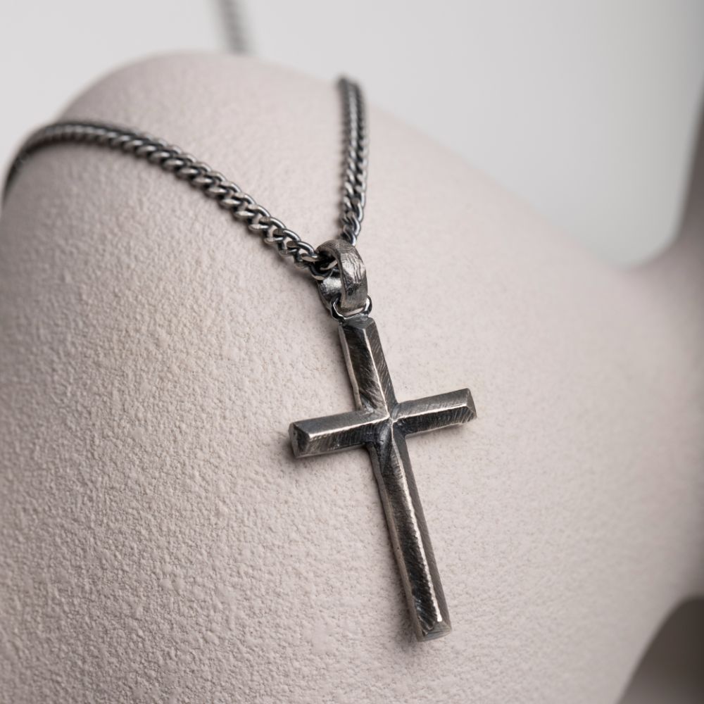 Oxidized silver cross necklace for men with black finish, handmade sterling silver 925, pendant on 60 cm curb chain, gift idea.