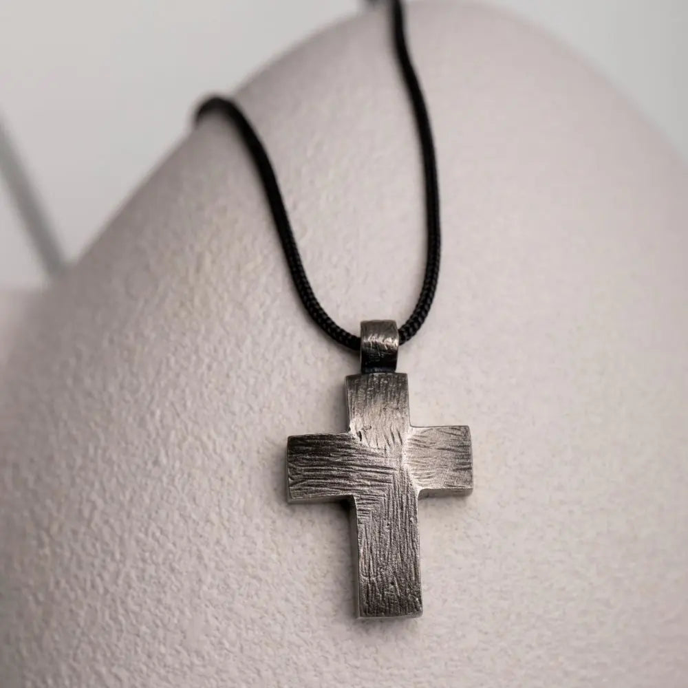 Men's oxidized silver cross necklace, handcrafted in sterling silver with black finish, perfect gift for him.